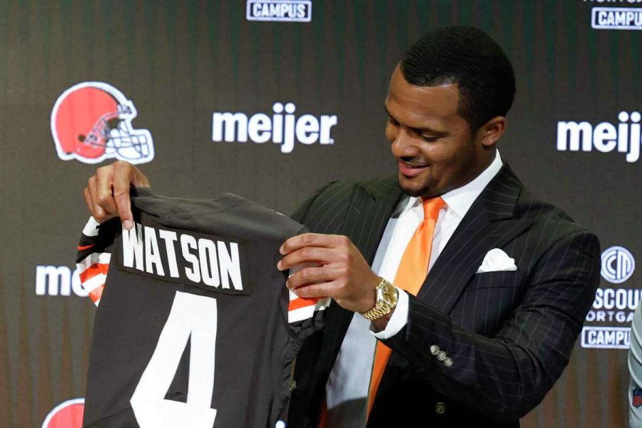 Deshaun Watson with a Cleveland jersey, from the Houston Chronicle 
